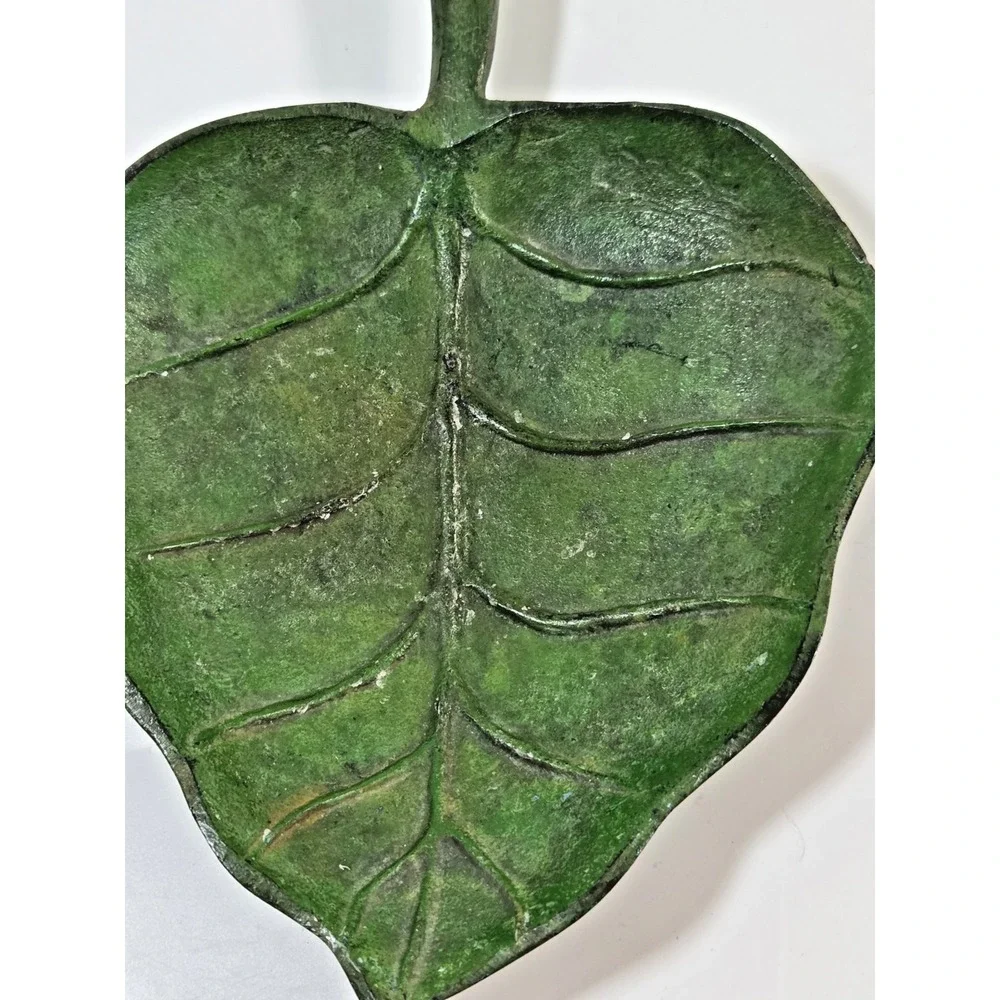 Metal Leaf Trinket Bowl Dish ‎ Green w/Veining Detail & Stem Heavy